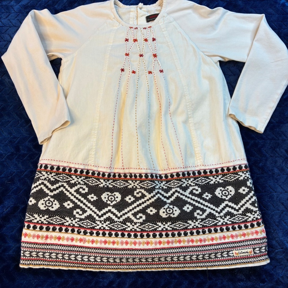 Catimini Girls Cream Long Sleeve Embroidered Tunic Dress Size 6 French Design